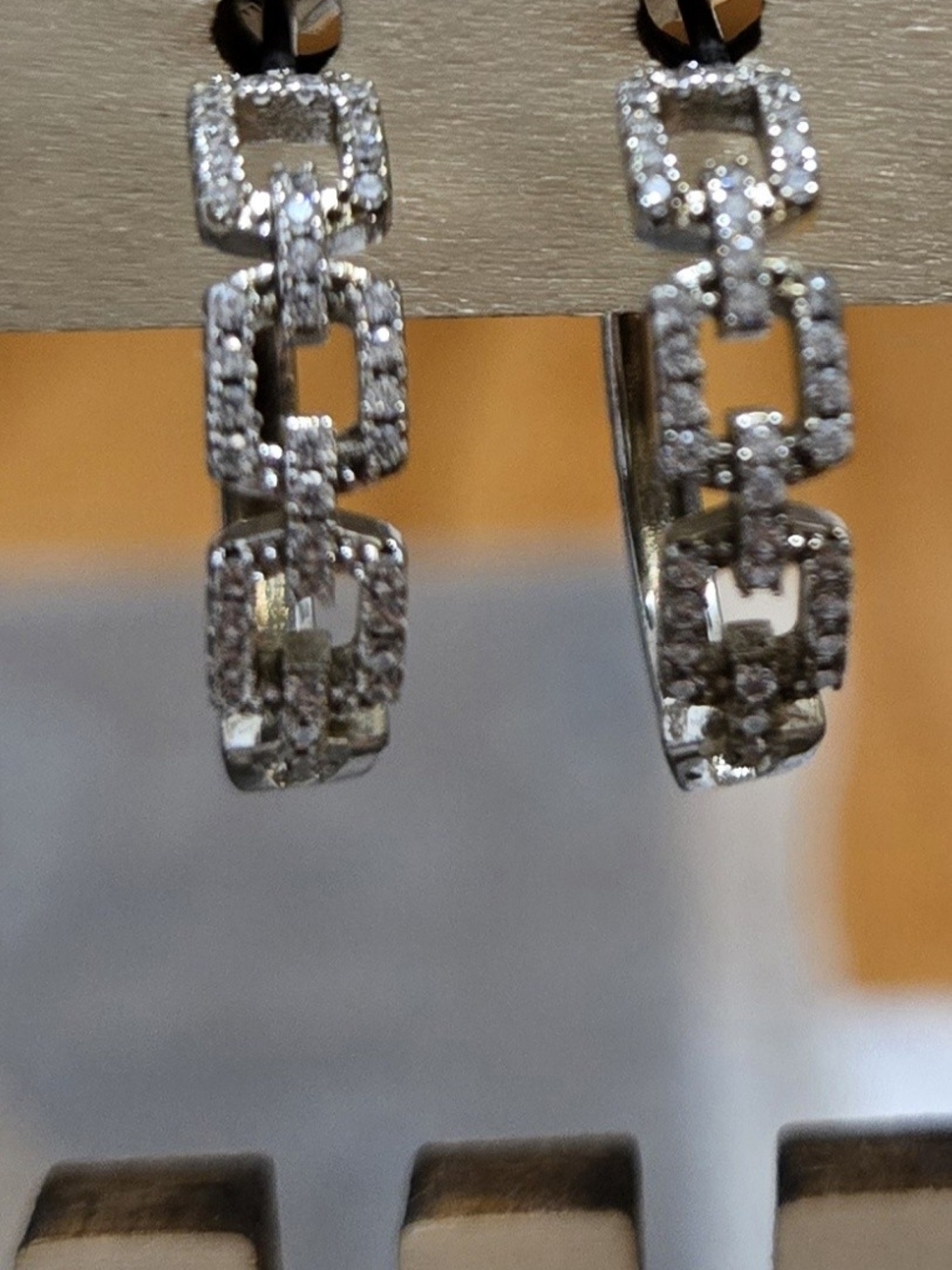 Silver Tone Pave Link Drop Earrings - Sparkling White Crystals